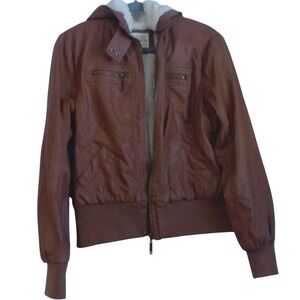 Ashley by 26 International Faux Leather SherpaLinedHooded Bomber Jacket Brown XL